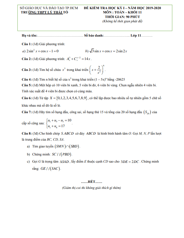 Đề thi học kì 1 (HK1) lớp 11 môn Toán năm 2019 2020 trường Lý Thái Tổ TP HCM