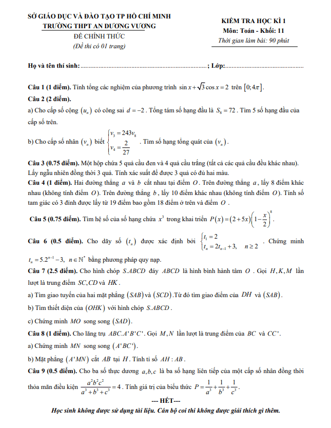 Đề thi học kì 1 (HK1) lớp 11 môn Toán năm 2019 2020 trường THPT An Dương Vương TP HCM