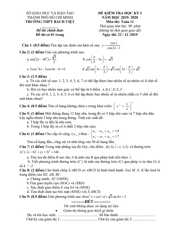 Đề thi học kì 1 (HK1) lớp 11 môn Toán năm 2019 2020 trường THPT Bách Việt TP HCM