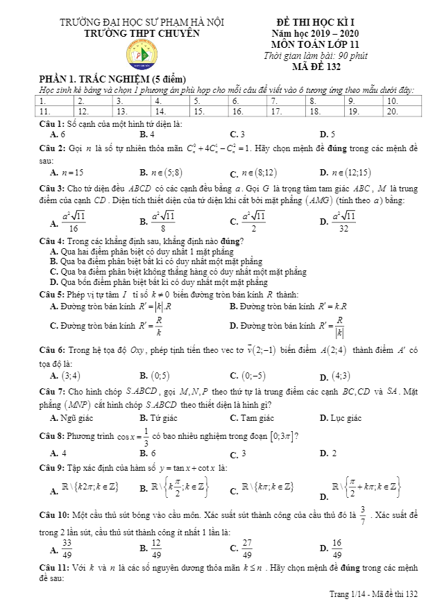 Đề thi học kì 1 (HK1) lớp 11 môn Toán năm 2019 2020 trường THPT chuyên ĐHSP Hà Nội