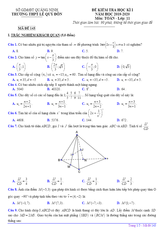 Đề thi học kì 1 (HK1) lớp 11 môn Toán năm 2019 2020 trường THPT Lê Quý Đôn Quảng Ninh