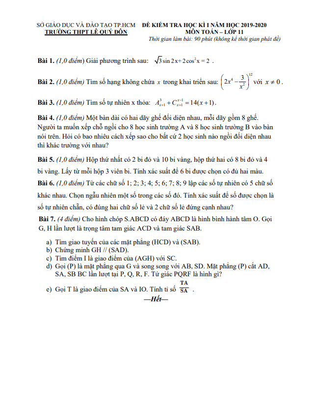 Đề thi học kì 1 (HK1) lớp 11 môn Toán năm 2019 2020 trường THPT Lê Quý Đôn TP HCM