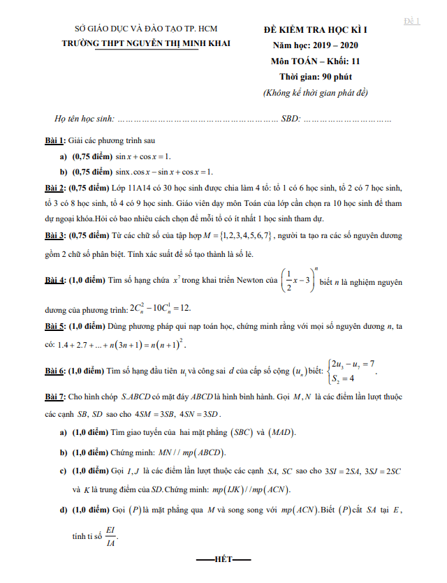 Đề thi học kì 1 (HK1) lớp 11 môn Toán năm 2019 2020 trường THPT Nguyễn Thị Minh Khai TP HCM