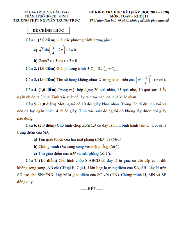 Đề thi học kì 1 (HK1) lớp 11 môn Toán năm 2019 2020 trường THPT Nguyễn Trung Trực TP HCM