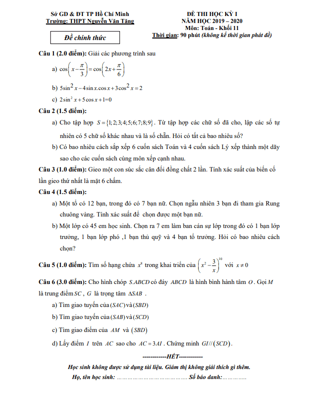 Đề thi học kì 1 (HK1) lớp 11 môn Toán năm 2019 2020 trường THPT Nguyễn Văn Tăng TP HCM