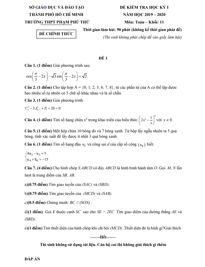 Đề thi học kì 1 (HK1) lớp 11 môn Toán năm 2019 2020 trường THPT Phạm Phú Thứ TP HCM