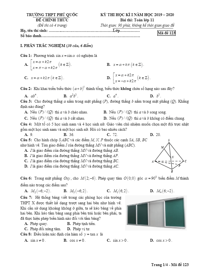 Đề thi học kì 1 (HK1) lớp 11 môn Toán năm 2019 2020 trường THPT Phú Quốc Kiên Giang