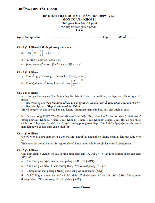 Đề thi học kì 1 (HK1) lớp 11 môn Toán năm 2019 2020 trường THPT Tây Thạnh TP HCM