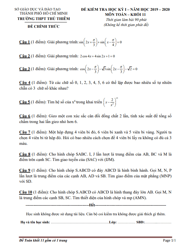 Đề thi học kì 1 (HK1) lớp 11 môn Toán năm 2019 2020 trường THPT Thủ Thiêm TP HCM