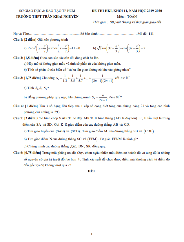 Đề thi học kì 1 (HK1) lớp 11 môn Toán năm 2019 2020 trường THPT Trần Khai Nguyên TP HCM