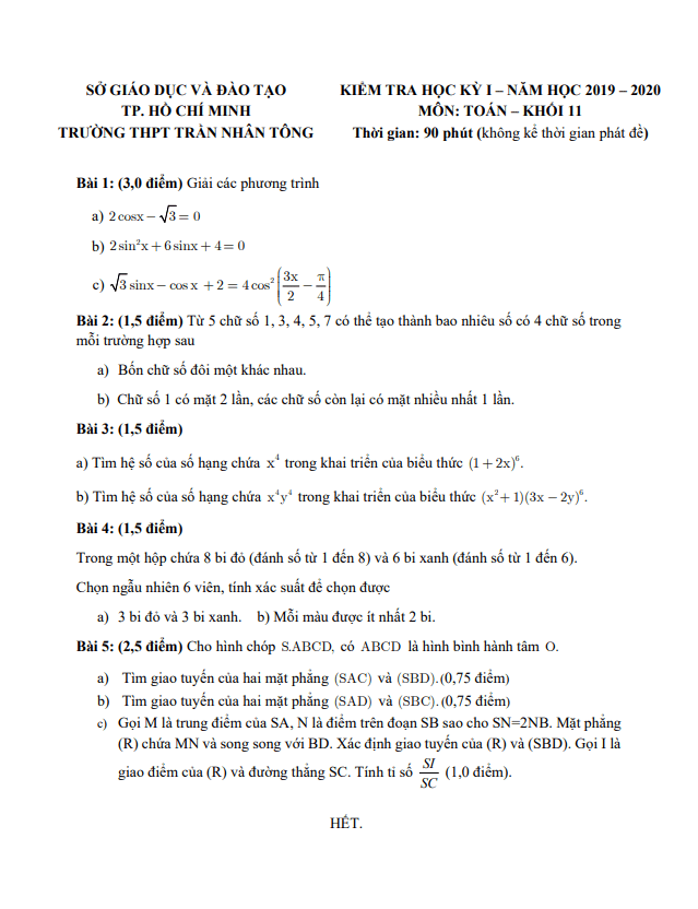 Đề thi học kì 1 (HK1) lớp 11 môn Toán năm 2019 2020 trường THPT Trần Nhân Tông TP HCM