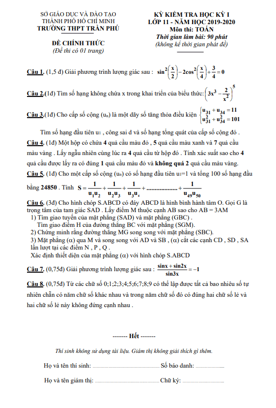 Đề thi học kì 1 (HK1) lớp 11 môn Toán năm 2019 2020 trường THPT Trần Phú TP HCM