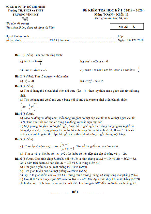 Đề thi học kì 1 (HK1) lớp 11 môn Toán năm 2019 2020 trường Trương Vĩnh Ký TP HCM