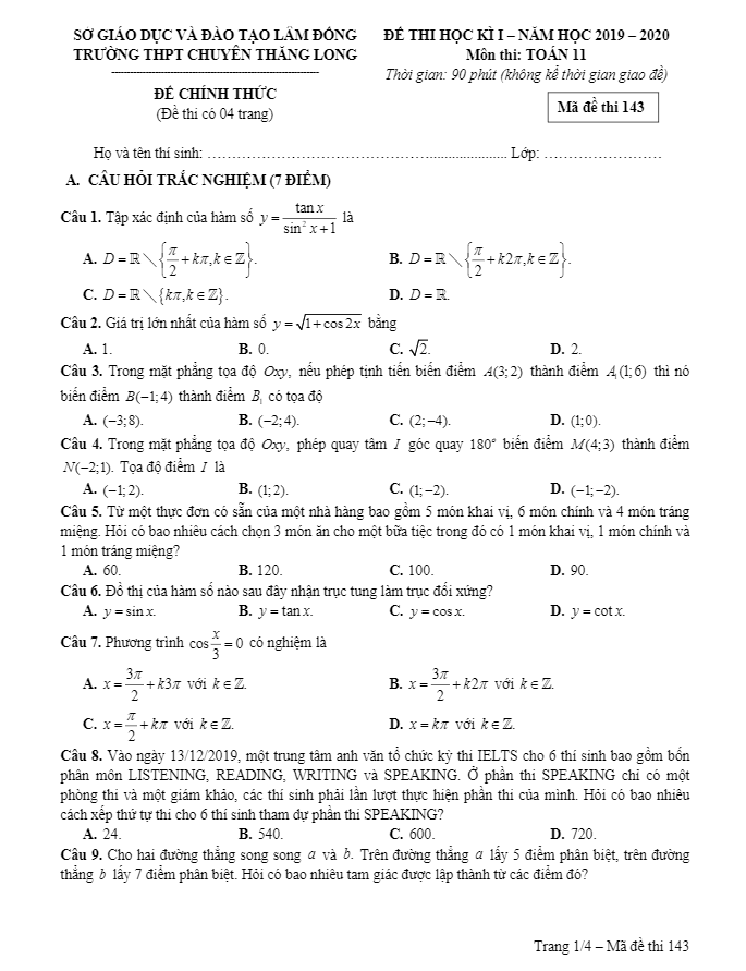 Đề thi học kì 1 (HK1) lớp 11 môn Toán năm 2019 – 2020 trường chuyên Thăng Long – Lâm Đồng