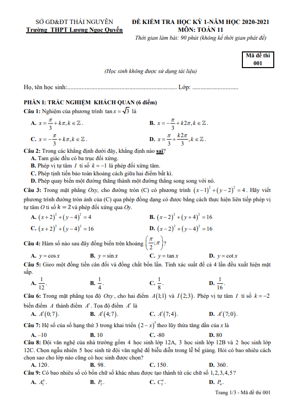 Đề thi học kì 1 (HK1) lớp 11 môn Toán năm 2020 2021 trường Lương Ngọc Quyến Thái Nguyên