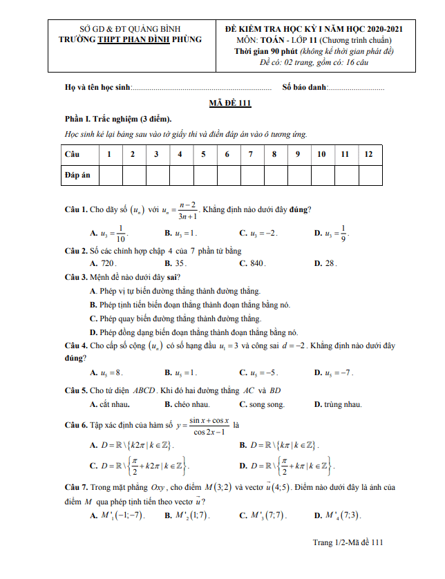 Đề thi học kì 1 (HK1) lớp 11 môn Toán năm 2020 2021 trường Phan Đình Phùng Quảng Bình