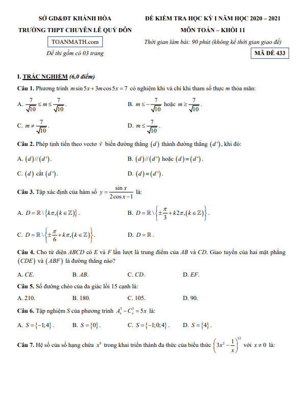 Đề thi học kì 1 (HK1) lớp 11 môn Toán năm 2020 2021 trường THPT chuyên Lê Quý Đôn Khánh Hòa