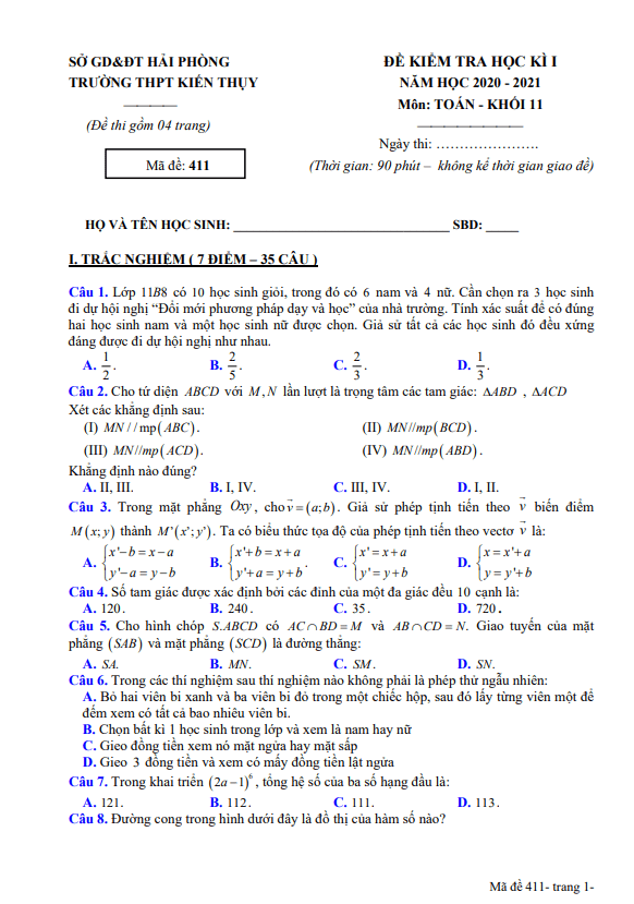 Đề thi học kì 1 (HK1) lớp 11 môn Toán năm 2020 2021 trường THPT Kiến Thụy Hải Phòng
