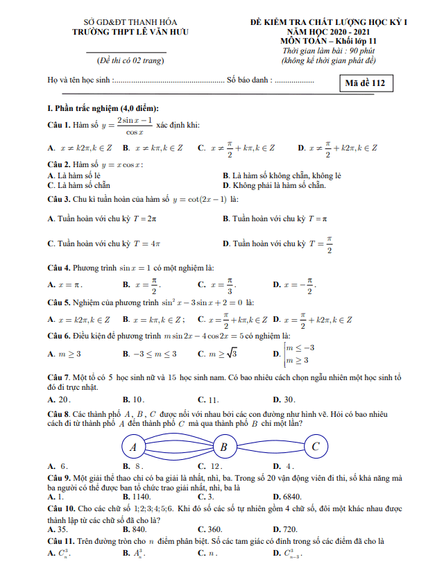 Đề thi học kì 1 (HK1) lớp 11 môn Toán năm 2020 2021 trường THPT Lê Văn Hưu Thanh Hóa