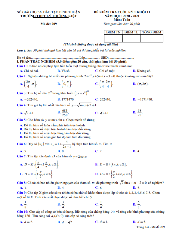 Đề thi học kì 1 (HK1) lớp 11 môn Toán năm 2020 2021 trường THPT Lý Thường Kiệt Bình Thuận