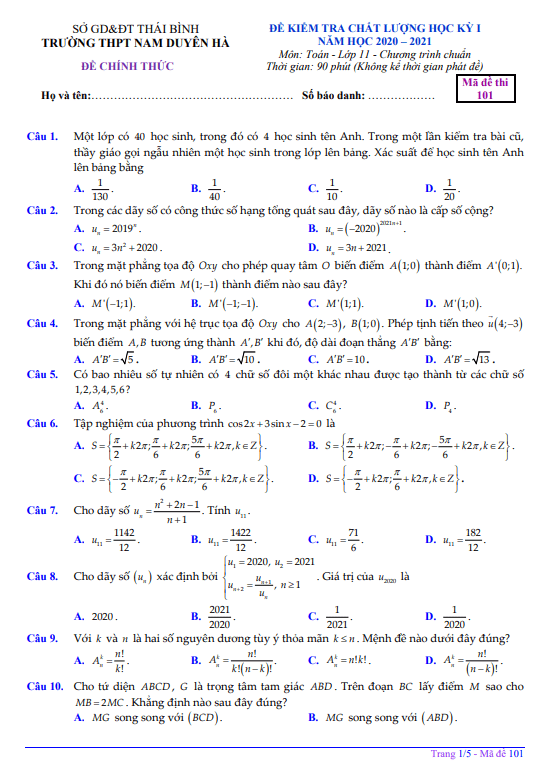Đề thi học kì 1 (HK1) lớp 11 môn Toán năm 2020 2021 trường THPT Nam Duyên Hà Thái Bình