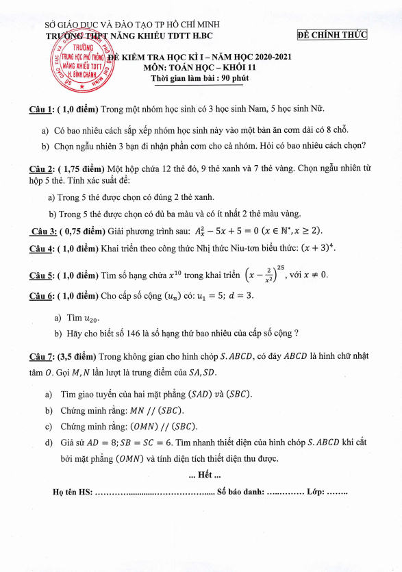 Đề thi học kì 1 (HK1) lớp 11 môn Toán năm 2020 2021 trường THPT Năng khiếu TDTT Bình Chánh TP HCM