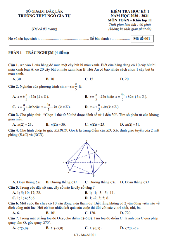 Đề thi học kì 1 (HK1) lớp 11 môn Toán năm 2020 2021 trường THPT Ngô Gia Tự Đắk Lắk