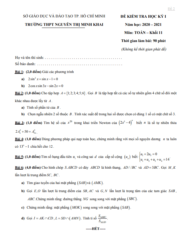 Đề thi học kì 1 (HK1) lớp 11 môn Toán năm 2020 2021 trường THPT Nguyễn Thị Minh Khai TP HCM