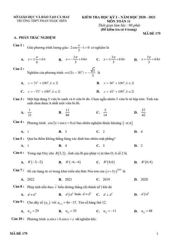 Đề thi học kì 1 (HK1) lớp 11 môn Toán năm 2020 2021 trường THPT Phan Ngọc Hiển Cà Mau