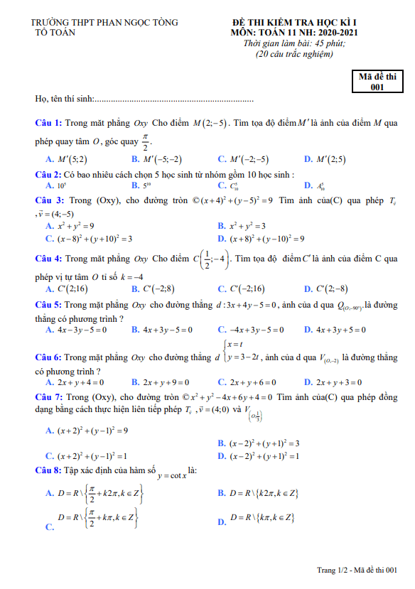 Đề thi học kì 1 (HK1) lớp 11 môn Toán năm 2020 2021 trường THPT Phan Ngọc Tòng Bến Tre