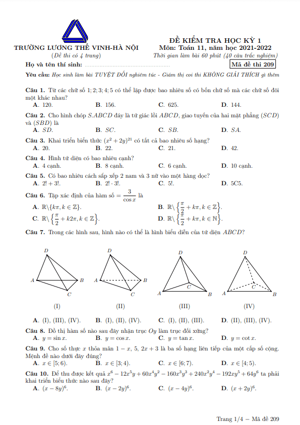 Đề thi học kì 1 (HK1) lớp 11 môn Toán năm 2021 2022 trường Lương Thế Vinh Hà Nội