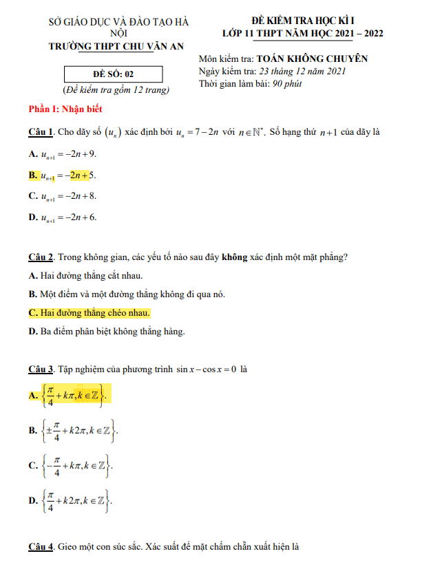 Đề thi học kì 1 (HK1) lớp 11 môn Toán năm 2021 2022 trường THPT Chu Văn An Hà Nội