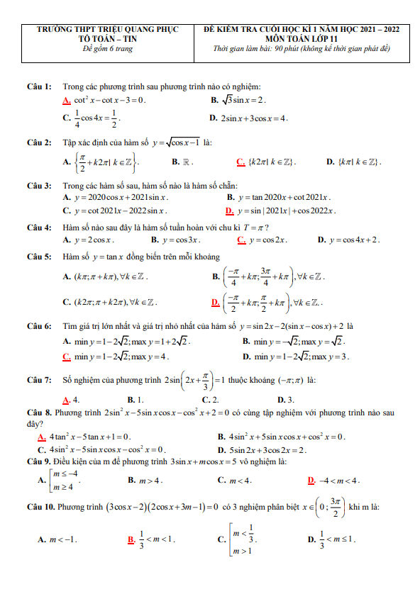 Đề thi học kì 1 (HK1) lớp 11 môn Toán năm 2021 2022 trường THPT Triệu Quang Phục Hưng Yên