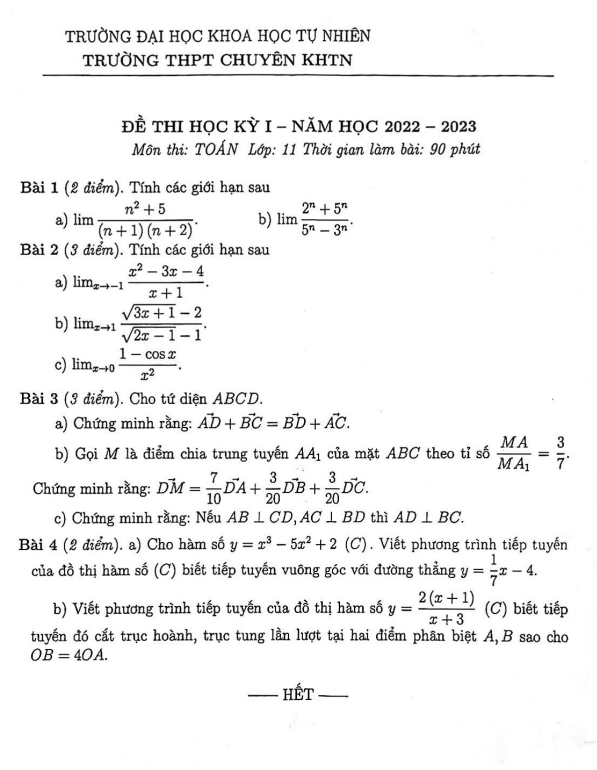 Đề thi học kì 1 (HK1) lớp 11 môn Toán năm 2022 2023 trường chuyên KHTN Hà Nội