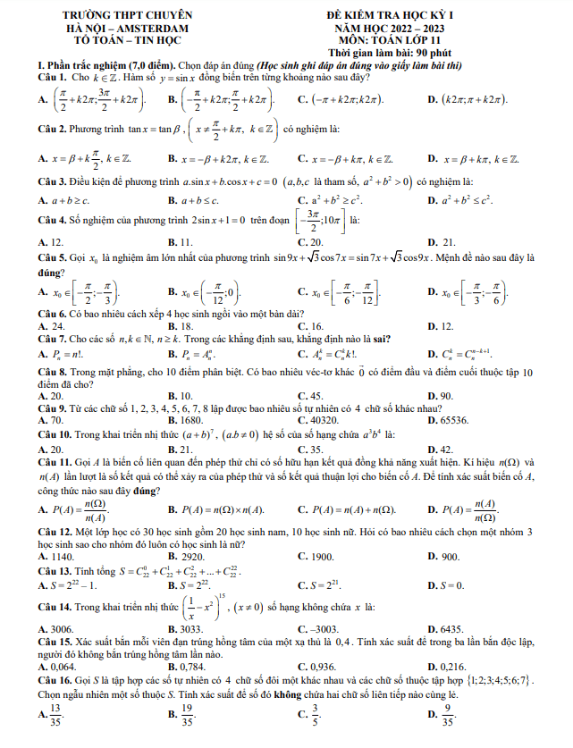Đề thi học kì 1 (HK1) lớp 11 môn Toán năm 2022 2023 trường THPT chuyên Hà Nội Amsterdam