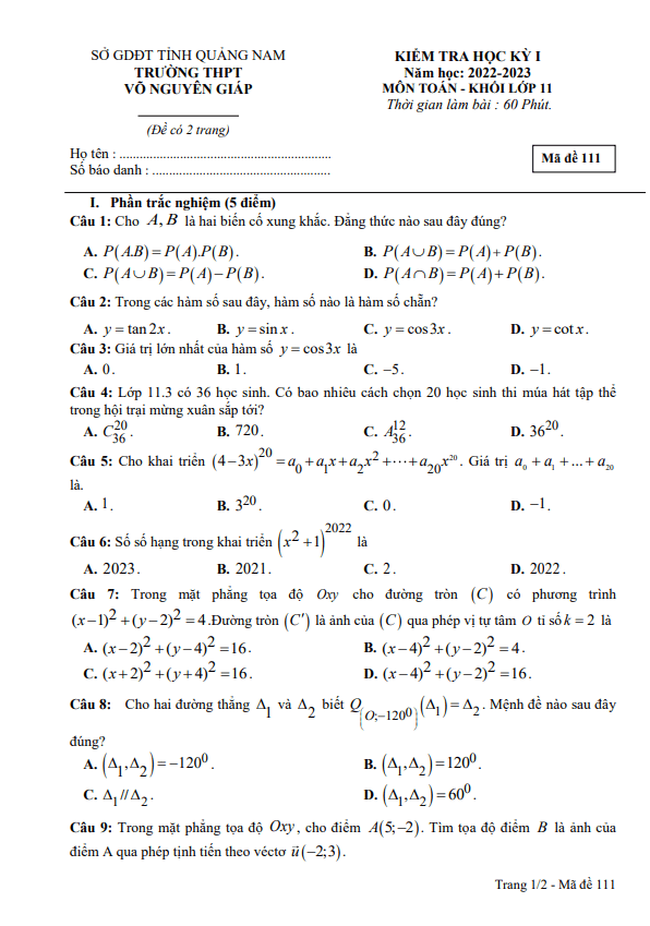 Đề thi học kì 1 (HK1) lớp 11 môn Toán năm 2022 2023 trường THPT Võ Nguyên Giáp Quảng Nam