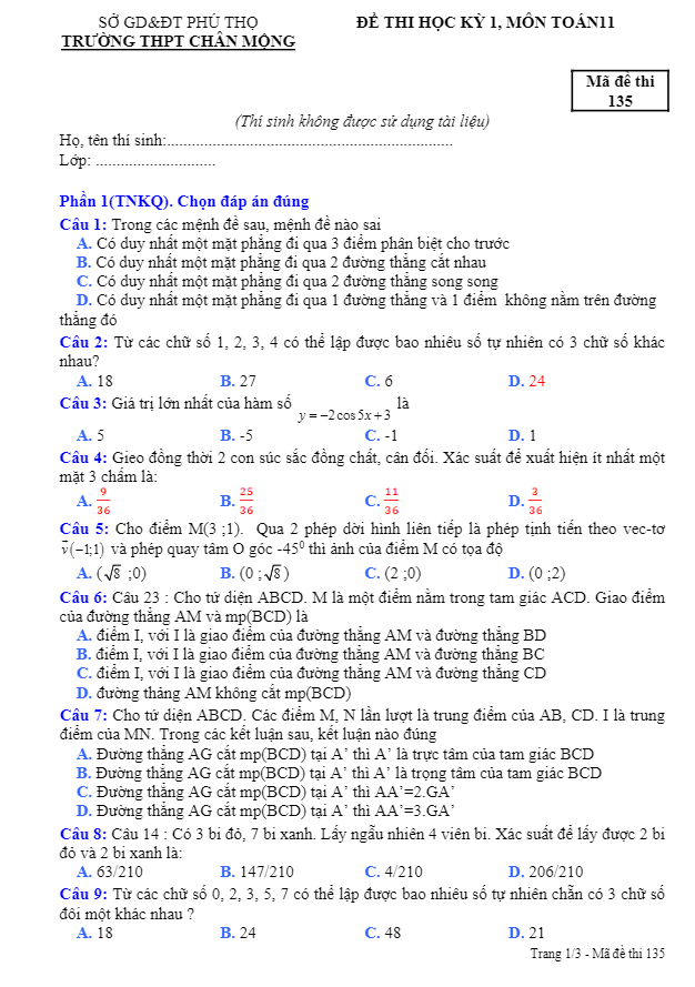 Đề thi học kì 1 (HK1) lớp 11 môn Toán năm học 2016 2017 trường THPT Chân Mộng Phú Thọ