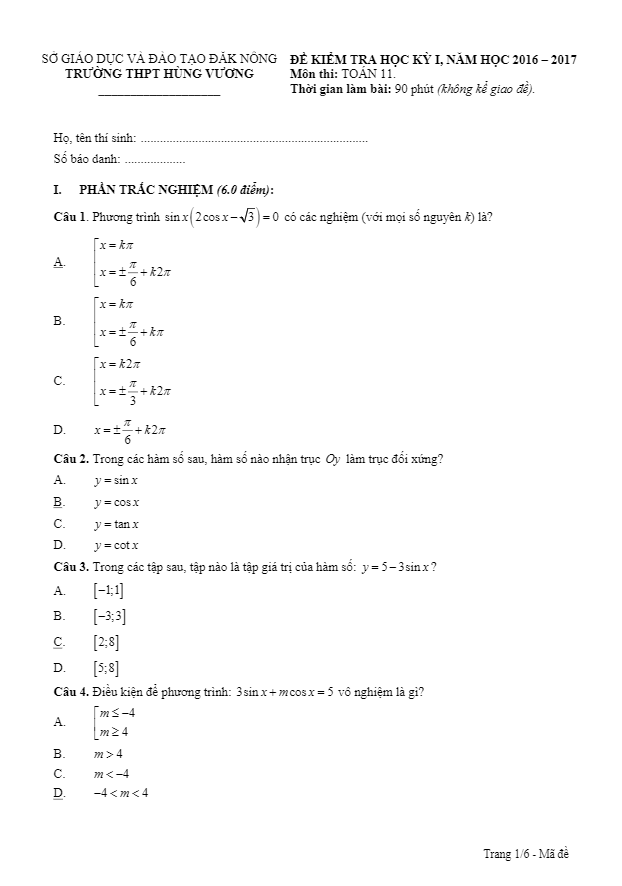 Đề thi học kì 1 (HK1) lớp 11 môn Toán năm học 2016 2017 trường THPT Hùng Vương Đăk Nông
