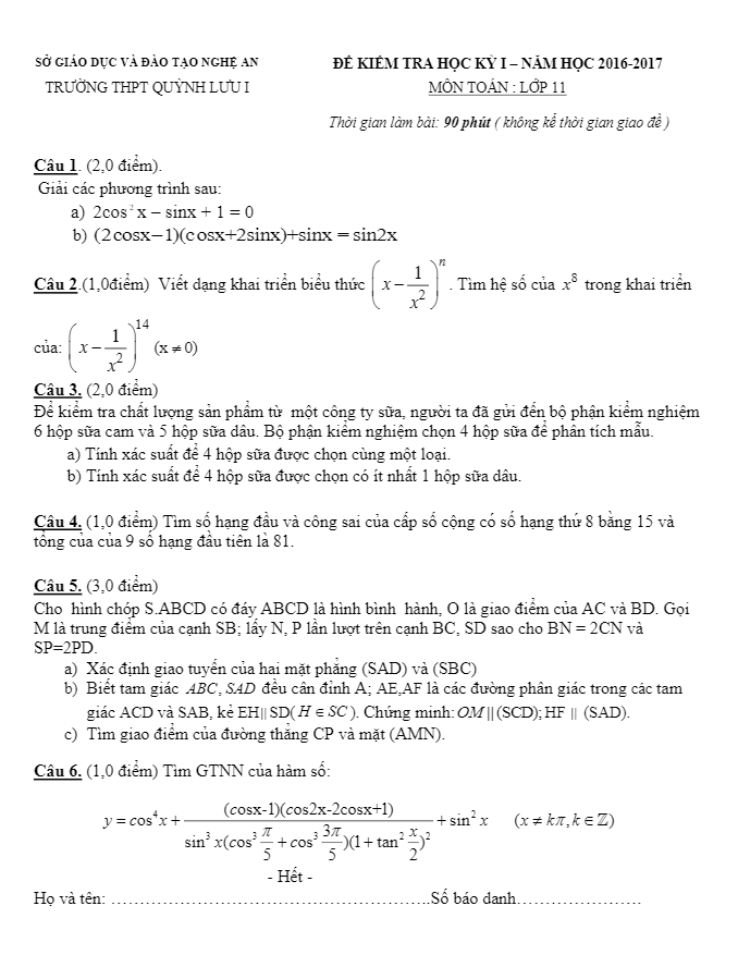 Đề thi học kì 1 (HK1) lớp 11 môn Toán năm học 2016 2017 trường THPT Quỳnh Lưu 1 Nghệ An