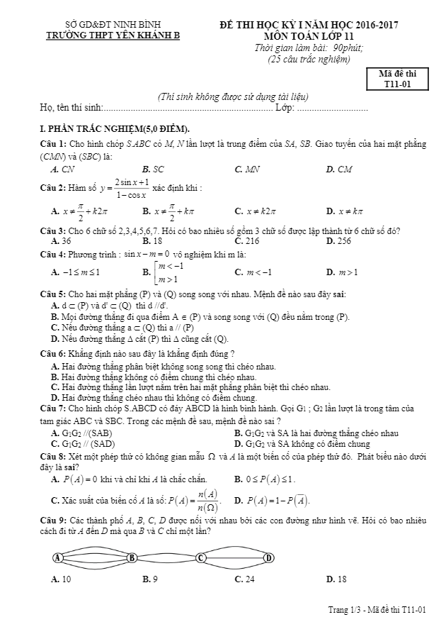 Đề thi học kì 1 (HK1) lớp 11 môn Toán năm học 2016 2017 trường THPT Yên Khánh B Ninh Bình