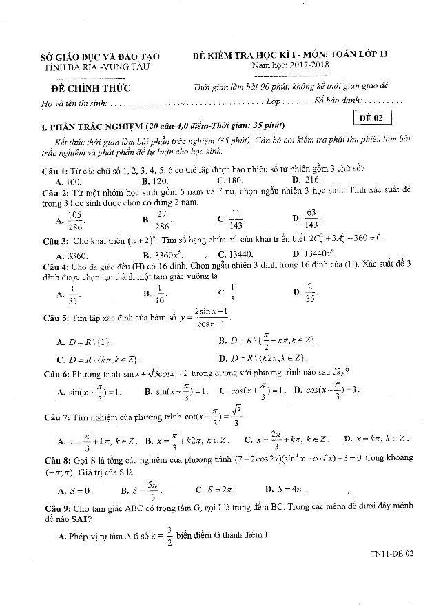 Đề thi học kì 1 (HK1) lớp 11 môn Toán năm học 2017 2018 sở GD và ĐT Bà Rịa Vũng Tàu