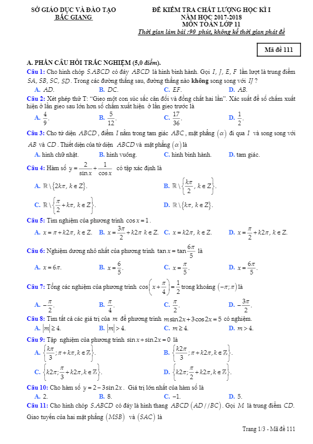 Đề thi học kì 1 (HK1) lớp 11 môn Toán năm học 2017 2018 sở GD và ĐT Bắc Giang