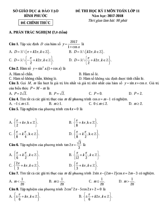Đề thi học kì 1 (HK1) lớp 11 môn Toán năm học 2017 2018 sở GD và ĐT Bình Phước