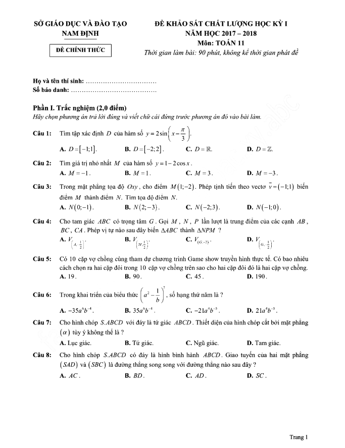 Đề thi học kì 1 (HK1) lớp 11 môn Toán năm học 2017 2018 sở GD và ĐT Nam Định