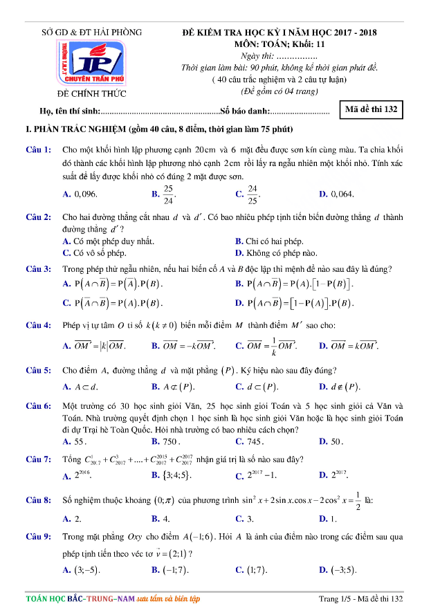 Đề thi học kì 1 (HK1) lớp 11 môn Toán năm học 2017 2018 trường THPT chuyên Trần Phú Hải Phòng