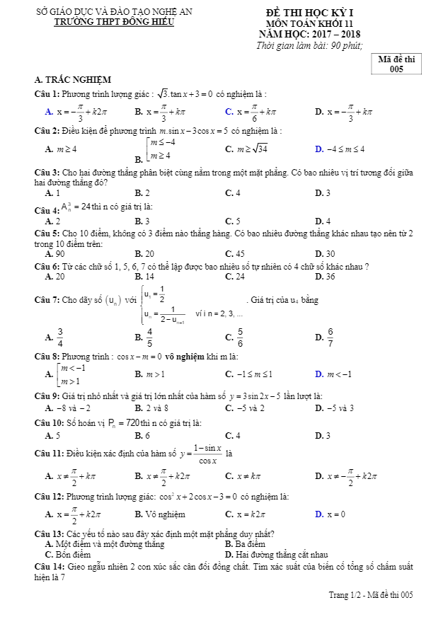Đề thi học kì 1 (HK1) lớp 11 môn Toán năm học 2017 2018 trường THPT Đông Hiếu Nghệ An