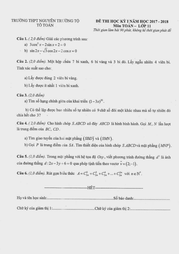 Đề thi học kì 1 (HK1) lớp 11 môn Toán năm học 2017 2018 trường THPT Nguyễn Trường Tộ TT Huế