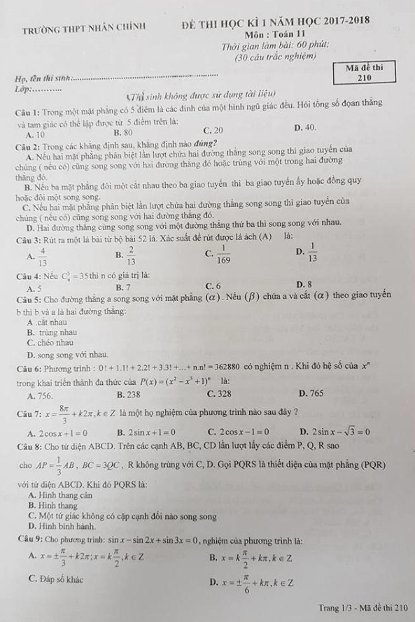 Đề thi học kì 1 (HK1) lớp 11 môn Toán năm học 2017 2018 trường THPT Nhân Chính Hà Nội