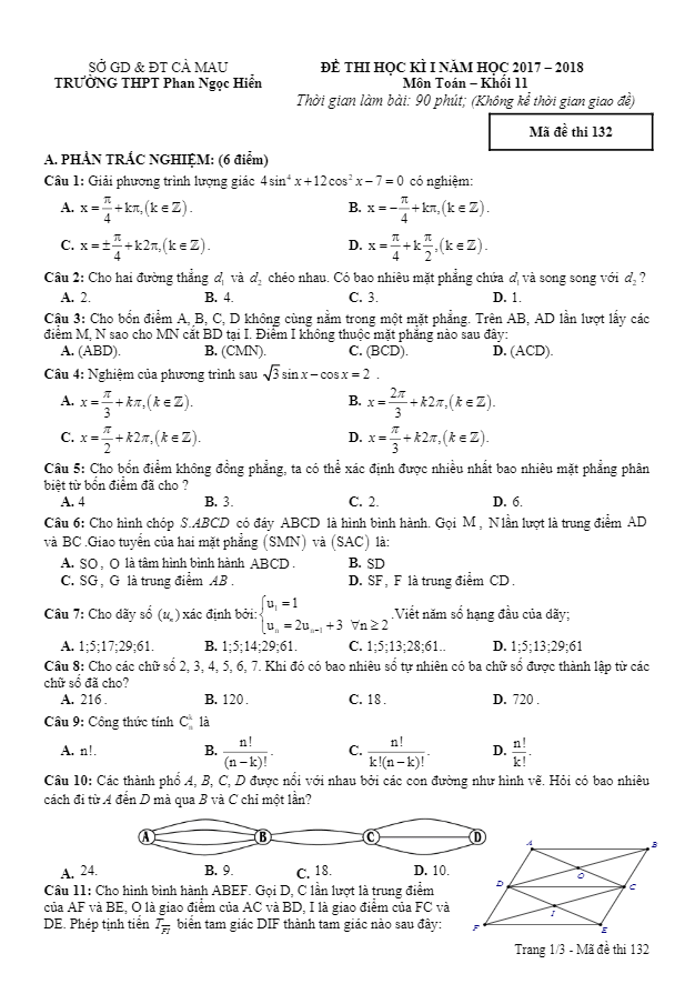 Đề thi học kì 1 (HK1) lớp 11 môn Toán năm học 2017 2018 trường THPT Phan Ngọc Hiển Cà Mau
