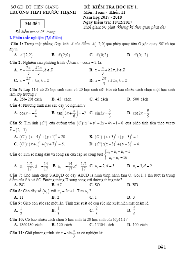 Đề thi học kì 1 (HK1) lớp 11 môn Toán năm học 2017 2018 trường THPT Phước Thạnh Tiền Giang